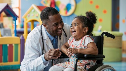a doctor shares a joyful moment with a young girl in wheelchair amidst colorful playroom