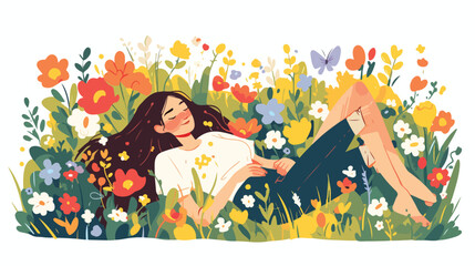 Happy young woman lying among spring flowers. Girl