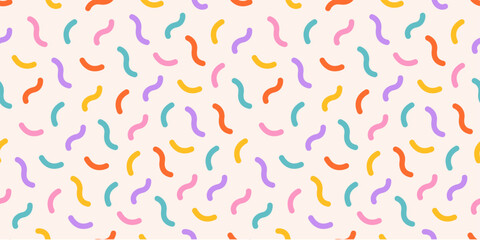 Pastel rainbow cake sprinkle pattern. 80s Birthday. Funky confetti background. Donuts glaze, dessert background. Memphis style. Curved lines. Celebration design. Background for wrapping paper