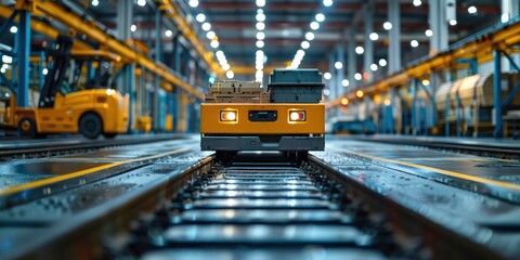 Automated guided vehicle (AGV) in factory, carrying materials, close-up, digital photography, industrial setting