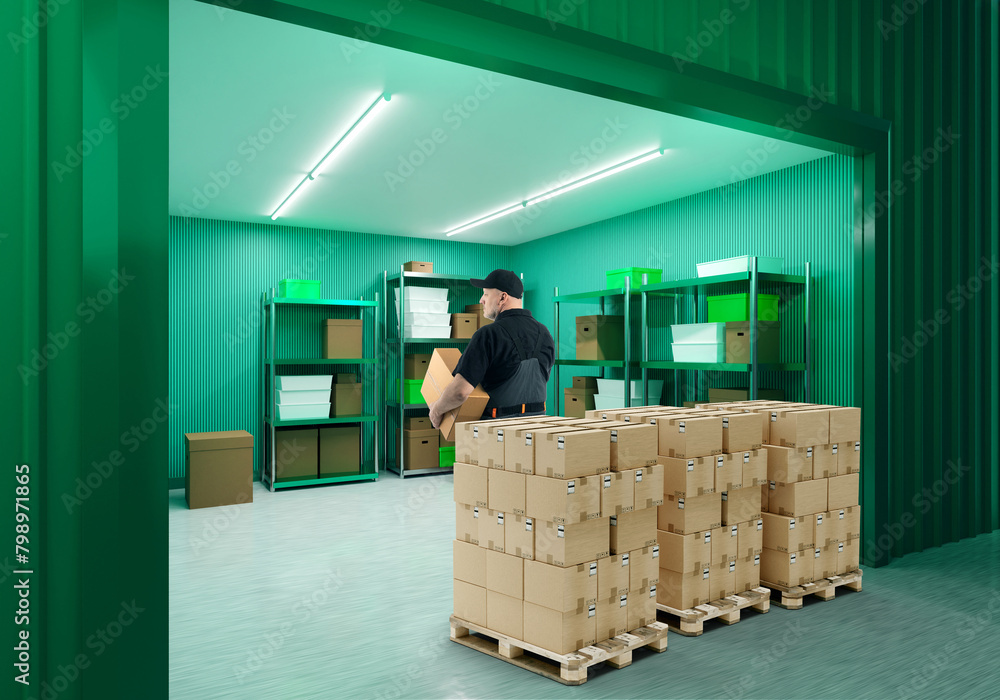 Aufkleber man inside self storage unit. warehouse with boxes on pallets. worker brought goods into storage con