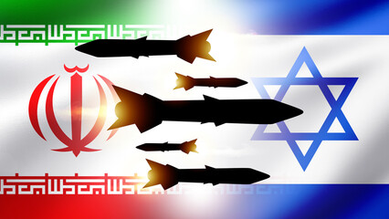 Rockets near flags. Confrontation between Israel and Iran. Military conflict. Ballistic missiles...
