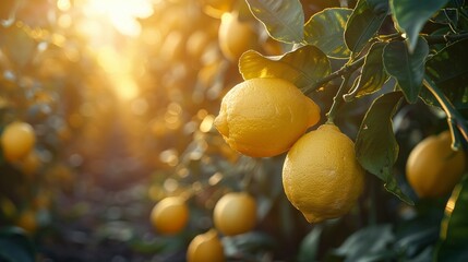 Dusk in a lemon grove, with deep shadows and rich ambers illuminating the fresh citrus, vibrant leaves standing out in the dimming light.