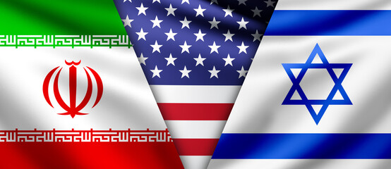 Flags of Iran and Israel. USA national banner. Concept of America participation in conflict in middle east. Negotiations between Israel and Iran. USA participation in international conflict. 3d image