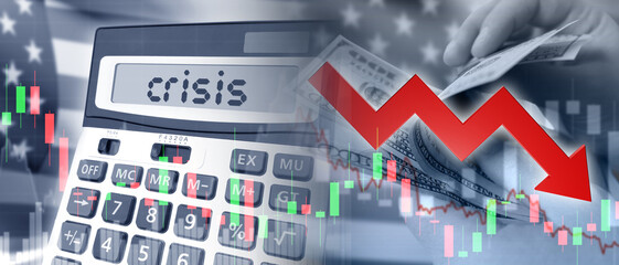 Crisis background. Calculator near falling quotations. Crisis economic chart. Dollars in hands of...