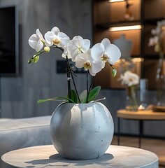 Generative AI : two orchids in a gray vase sitting near a small table