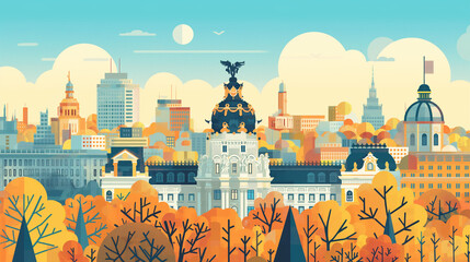 Illustration of Madrid, Spain with its typical sight on a sunny day