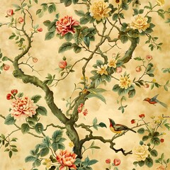  vintage Asian flower tree seamless pattern wallpaper - obrazy, fototapety, plakaty