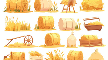 Hay bales piles heaps and stacks set. Straw in roll