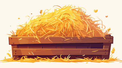 Hay heap in wood crate. Gold straw pile in box. Gol