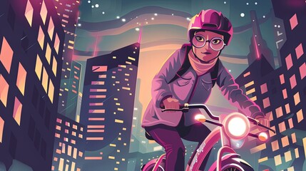 caricature of a cute package delivery person wearing big glasses and using a pink electric bicycle and pink helmet against the background of tall buildings at night AI generated