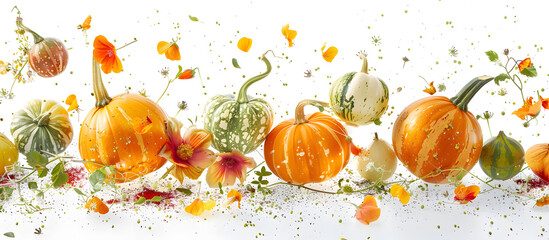 
Variety of raw and fresh pumpkins on white background
 - obrazy, fototapety, plakaty