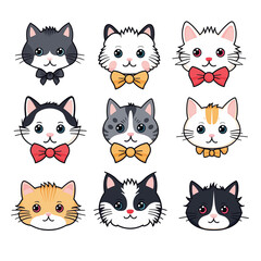 set of cat heads logo on transparent background, clipart bundle kawaii cats cute and funny 2d flat lay animals	