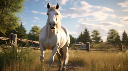 Beautiful white horse in the meadow on a sunny day. - obrazy, fototapety, plakaty