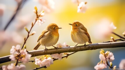 Two european robin birds sitting on a branch of cherry blossom