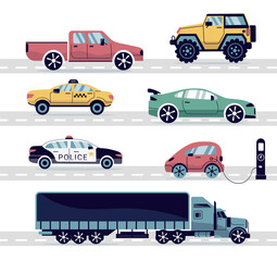 A set of modern cars. Taxi, policeman, convertible, pickup truck. A truck, an SUV, a subcompact. City cars in a flat style. for the Internet, print, banner, card. vector art illustration.