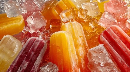 Close-up of chilled fruity popsicles with frosty texture, nestled among ice cubes, showcasing the vibrant contrast of warm and cool tones