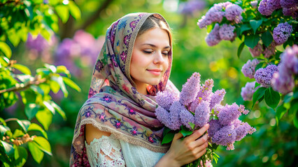 Beautiful woman in headscarf with lilac flowers