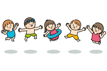 水着でジャンプする笑顔の子供たち