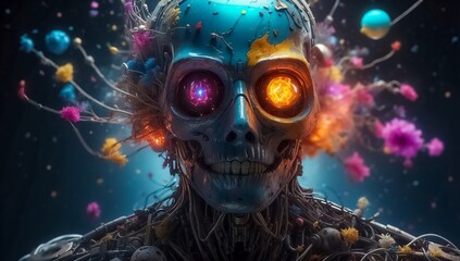 Abstract Human Skull in The Quantum World of Subatomic Debris, with a Splash of Coloration and Complex Patterns. Turbulent Waves of Particles. Explosive Surreal Colors Background.