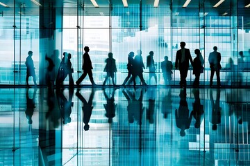 Dynamic silhouettes of business people in motion are captured within the reflective environment of a contemporary glass-walled office