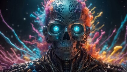 Abstract Human Skull in The Quantum World of Subatomic Debris, with a Splash of Coloration and Complex Patterns. Turbulent Waves of Particles. Explosive Surreal Colors Background.