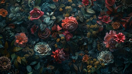 Dramatic composition of assorted dark-hued flowers and foliage in a mysterious and enchanting floral display
