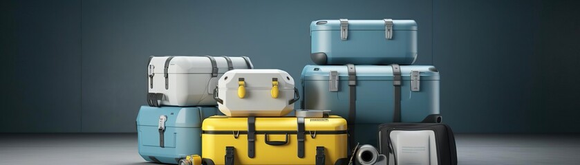 A stack of blue, yellow and white luggage with various straps and buckles against a blue background.