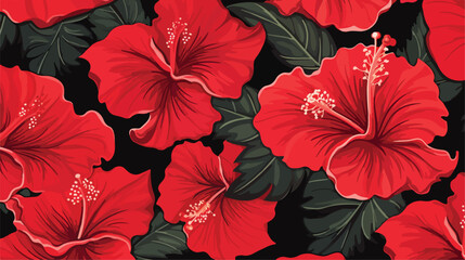 Hibiscus red flowers leaf pattern. Seamless backgro