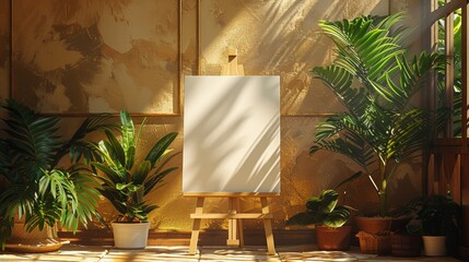 Sunlit art room featuring a pristine canvas on wooden stand with rich golden wall panels and shadow play