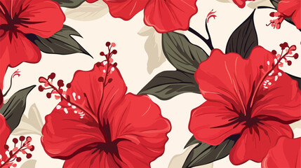 Hibiscus red flowers leaf pattern. Seamless backgro