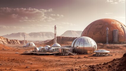 Fototapeta na wymiar Colonization of Mars. Alien Landscape with Sustainable Energy Hubs. Alien Planet Exploration Base. Human Settlement in an Alien World. Planet Base for Habitation and Colonization of the Planet.