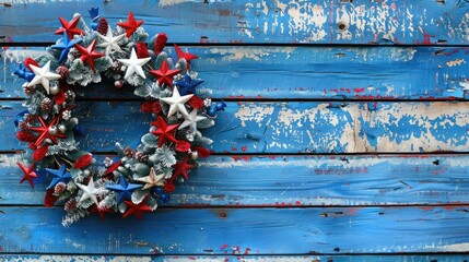 A festive wreath adorned with the classic red white and blue of the United States complete with shimmering stars rests against weathered blue wooden boards setting the perfect backdrop for c