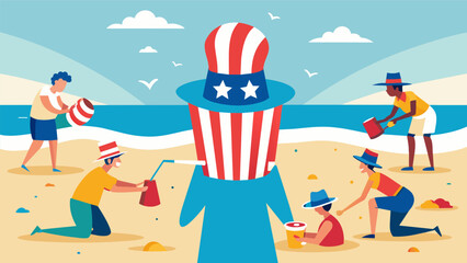 The sound of ocean waves mixed with the clinking of shovels and buckets as beachgoers crafted a gigantic Uncle Sam hat complete with stripes and. Vector illustration - obrazy, fototapety, plakaty