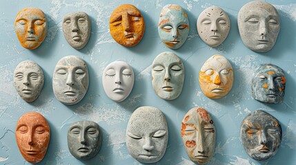 Artistic stone faces with various emotions displayed on a sky-blue surface for a creative art project