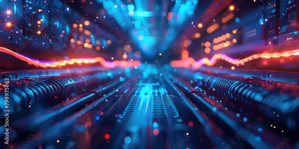 Aufkleber data center with edge computing capabilities, close-up of cables and lights, digital photography, fa