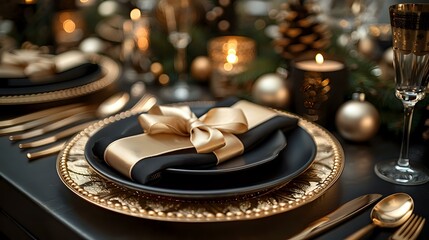 Fototapeta premium Sophisticated Black and Gold Wedding Table Setting with Dark Background