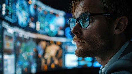 Cybersecurity professional analyzing threat data on multiple screens