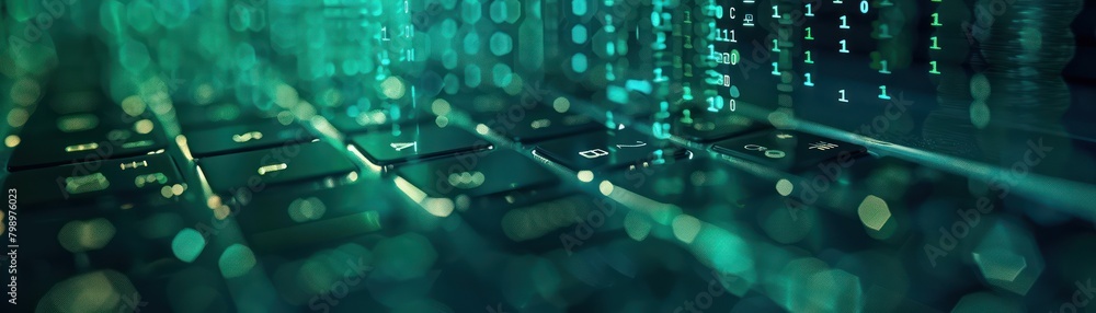 Poster data encryption code on a laptop screen, cybersecurity, close-up, digital photography, coding for se