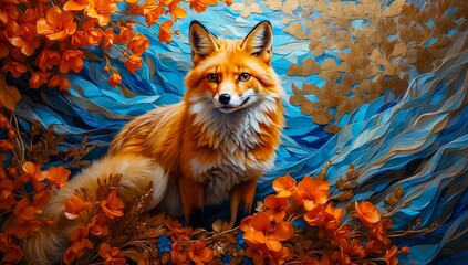The Painting of a Fox Proudly Displaying its Iridescent Fur, Standing Amid the Splash Color Dynamic Background. Colorful Fox.