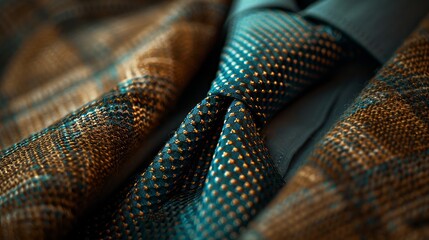 Refined teal tie on a diagonal check sepia shirt close-up showcasing textures in a luxurious wardrobe