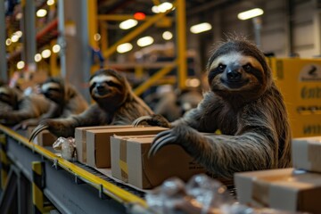 Fototapeta premium Three adorable sloths slowly moving along a conveyor belt in a factory assembly line