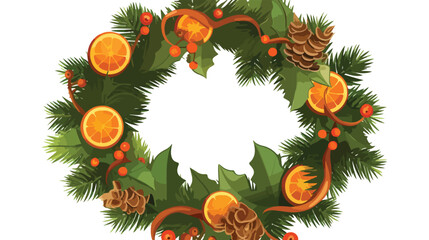 Holly Christmas wreath decorated with oranges pine