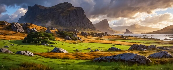 Illustration of Ireland's Iconic Highlands Landmarks, Majestic Grass-Capped Peaks, and Landscapes....