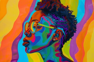 Vibrant Artistic Portrait with Colorful Swirls. Dynamic and visually striking artwork of profile, with swirls of vivid colors, abstract patterns accentuating the subjects features, set against bright
