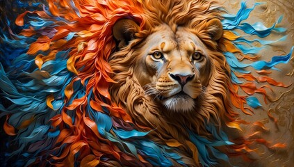 Painting of a Lion Proudly Displaying its Iridescent Fur, Standing Amid the Splash Color Dynamic...