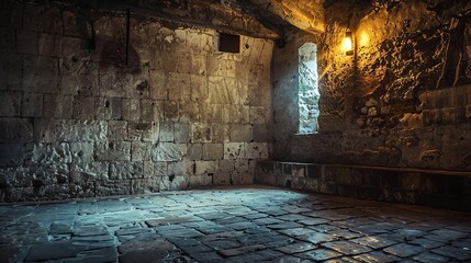 A dark and damp medieval dungeon cell with a single barred window