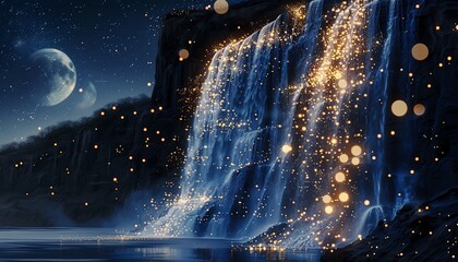 Cascading firework waterfall, shimmering effects, moonlit night, side view