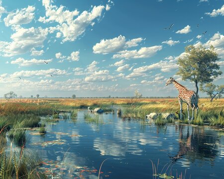 Random wild animals grazing in the savannah, photorealistic image with natural lighting ,3DCG,high resulution