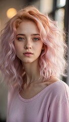Fototapeta premium Photo of a Beautiful Girl with Pink Hair and Freckles. A Girl with Big Blue Eyes. Pretty Young Girl.